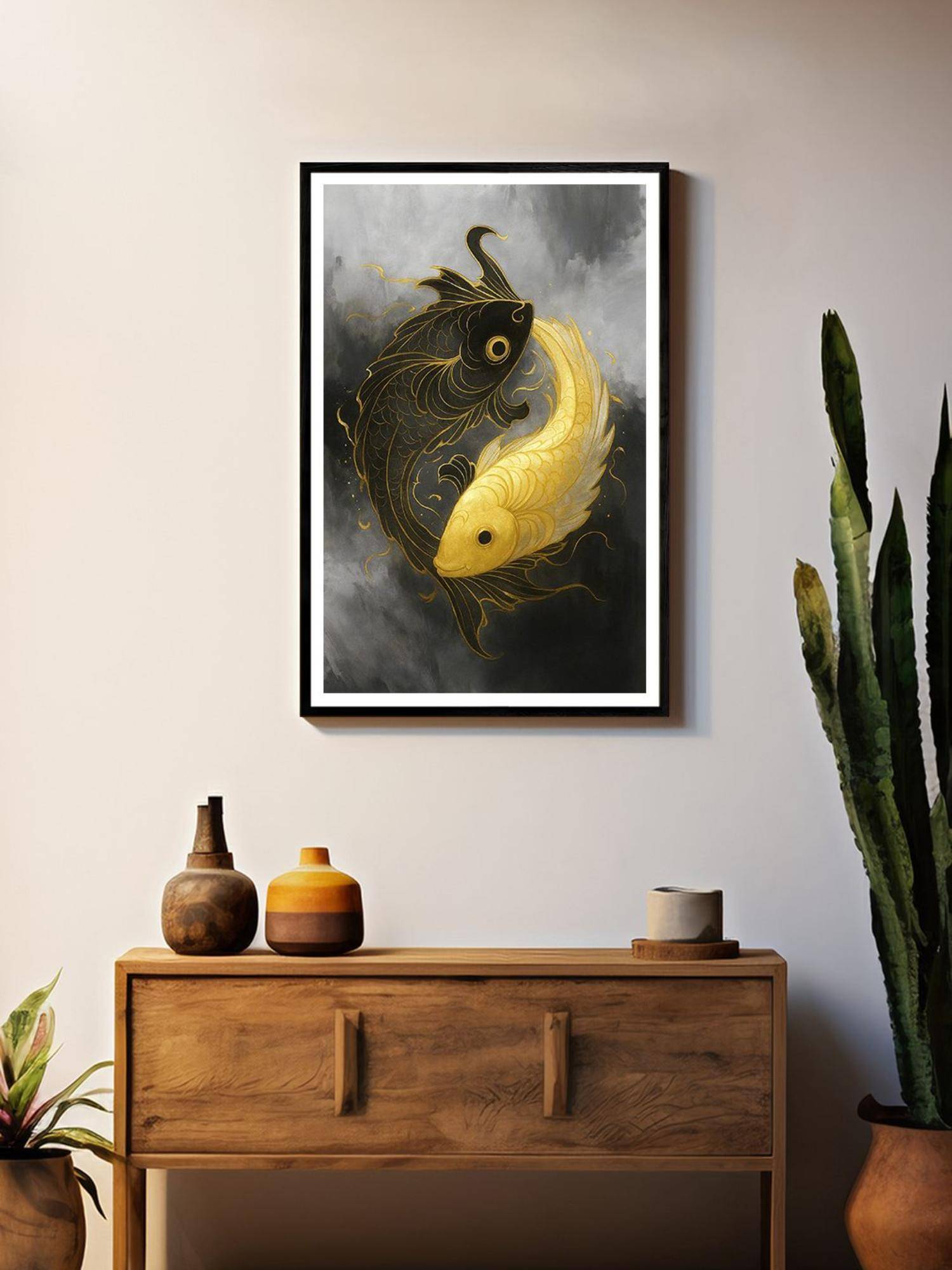999Store Black and Gold Koi Fish Yin Yang Wall Art Box Fiber Canvas Frame Painting