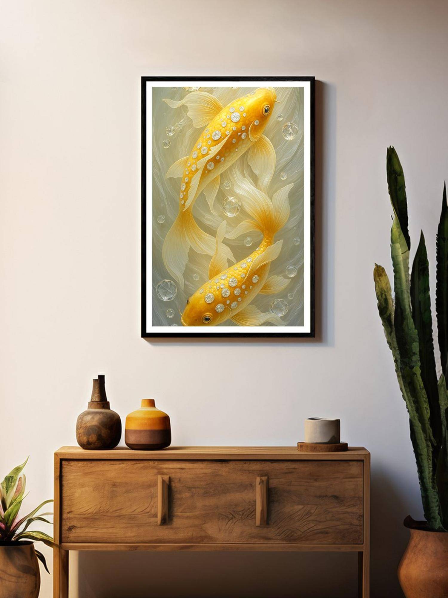 999Store Diamond-Studded Golden Koi Fish Wall Art Box Fiber Canvas Frame Painting