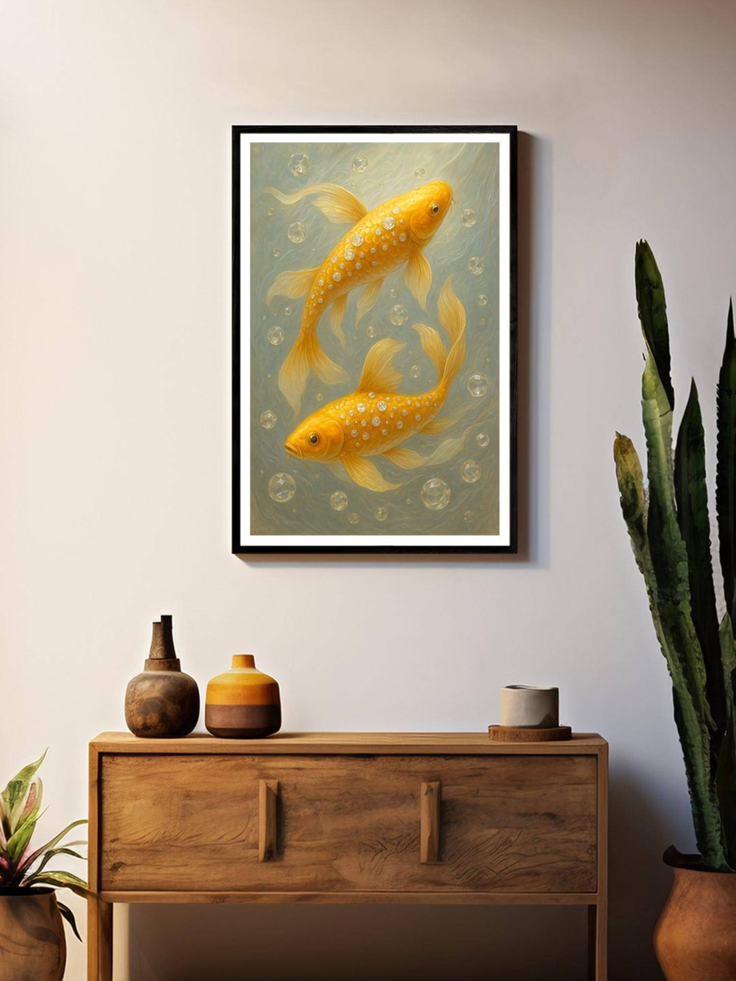 999Store Dual Golden Jewel Koi Fish Box Fiber Canvas Frame Painting