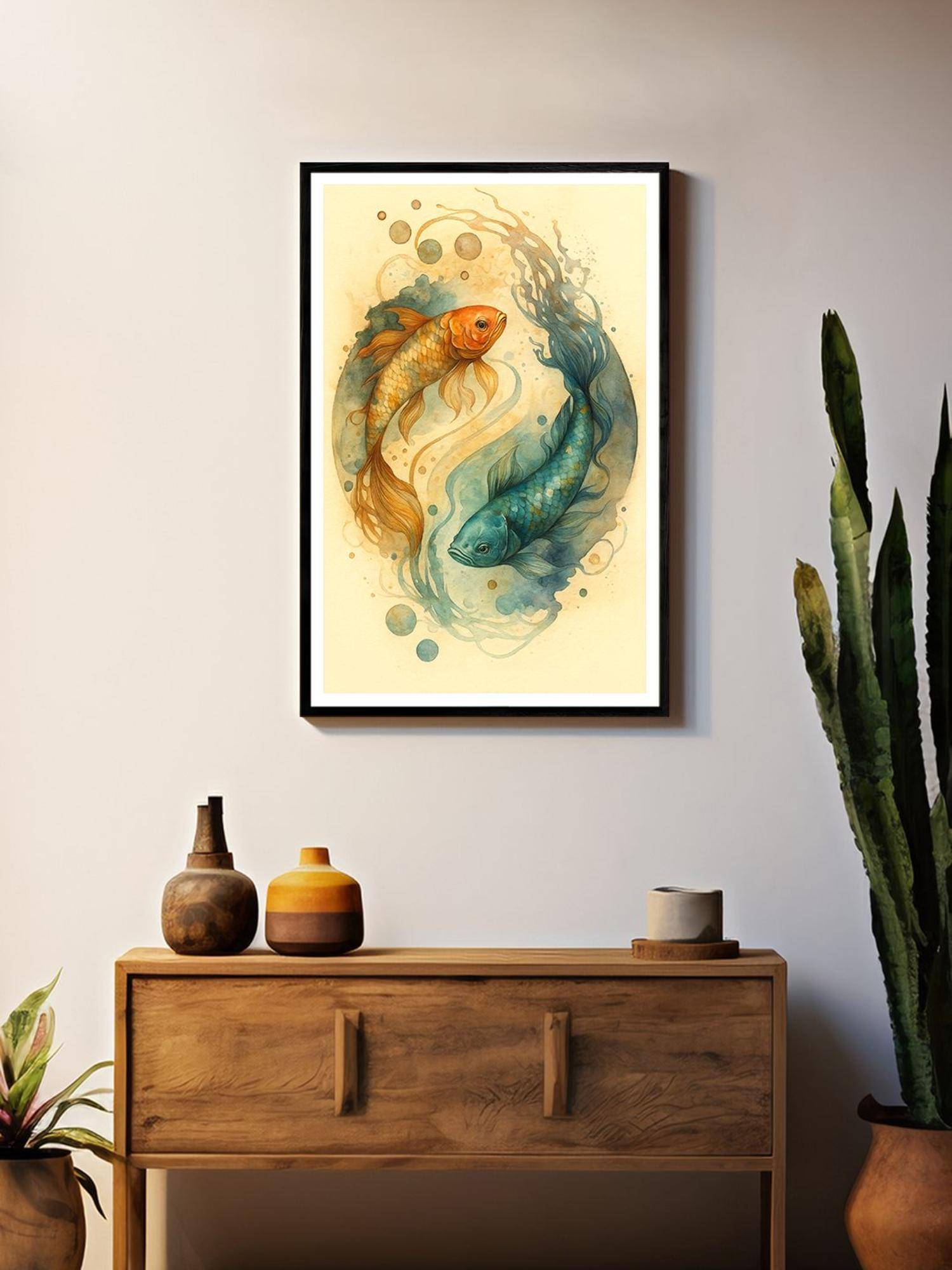 999Store Ocean Blue and Vibrant Orange Koi Fish Wall Art Box Fiber Canvas Frame Painting