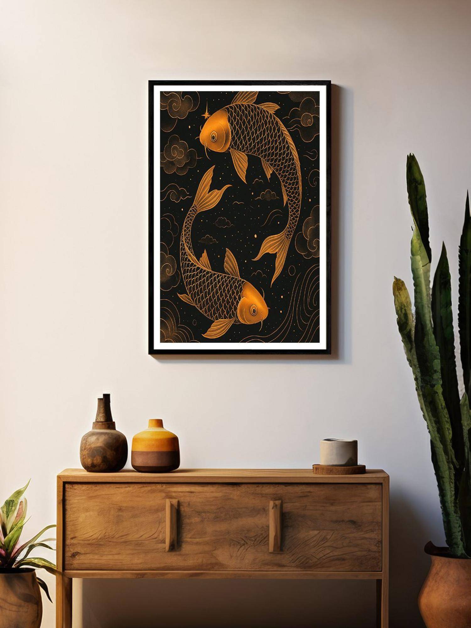 999Store Twin Copper-Black Koi Fish Night Sky Box Fiber Canvas Frame Painting