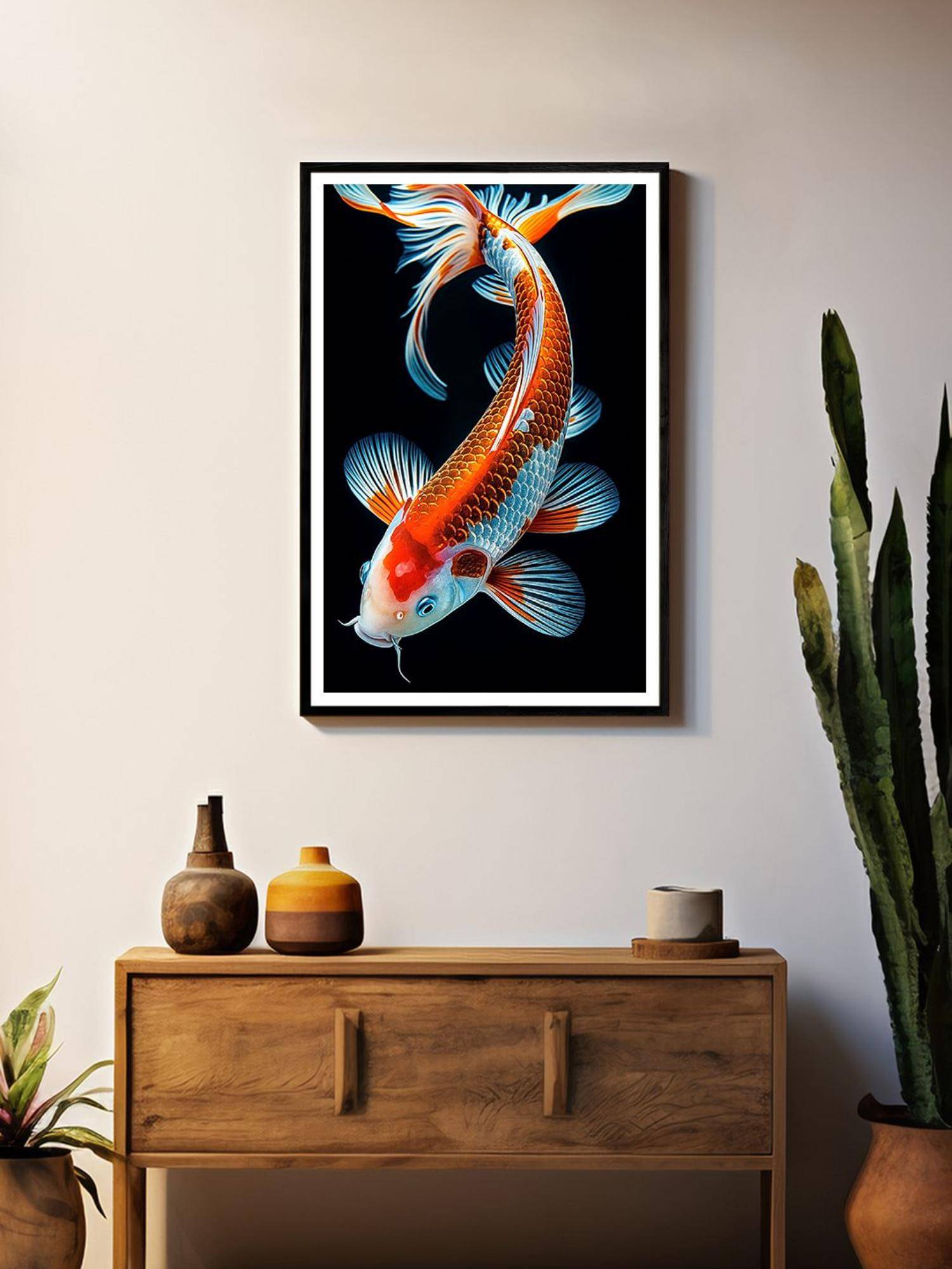 999Store High Definition Red and Blue Koi Fish On Black Box Fiber Canvas Frame Painting