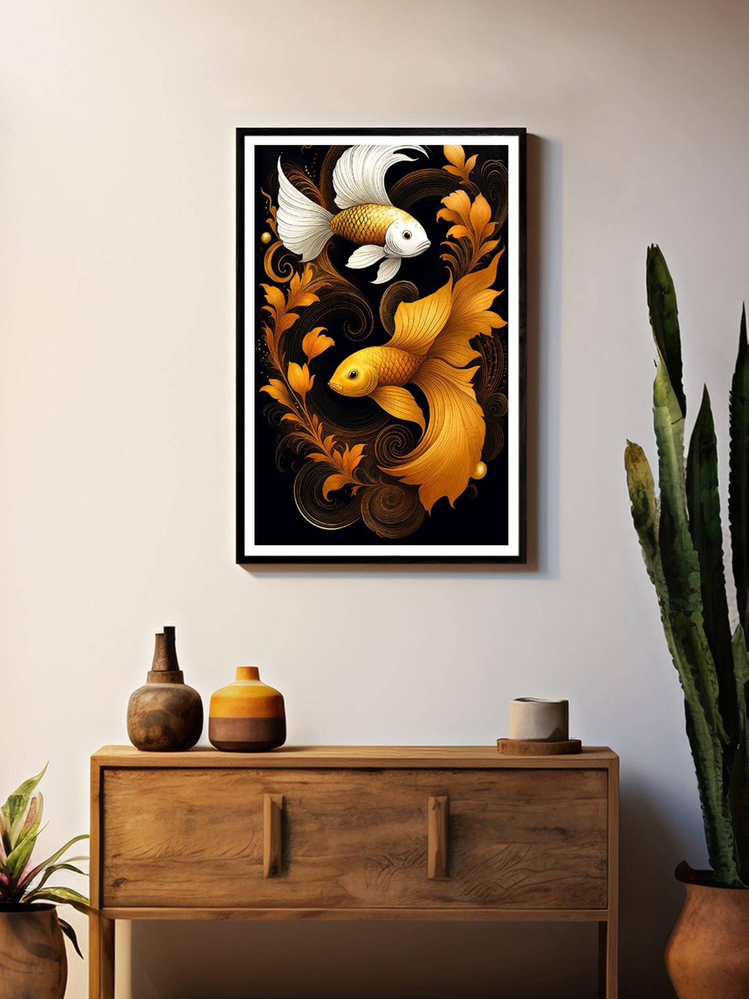 999Store Golden and White Koi Fish Swirling Box Fiber Canvas Frame Painting