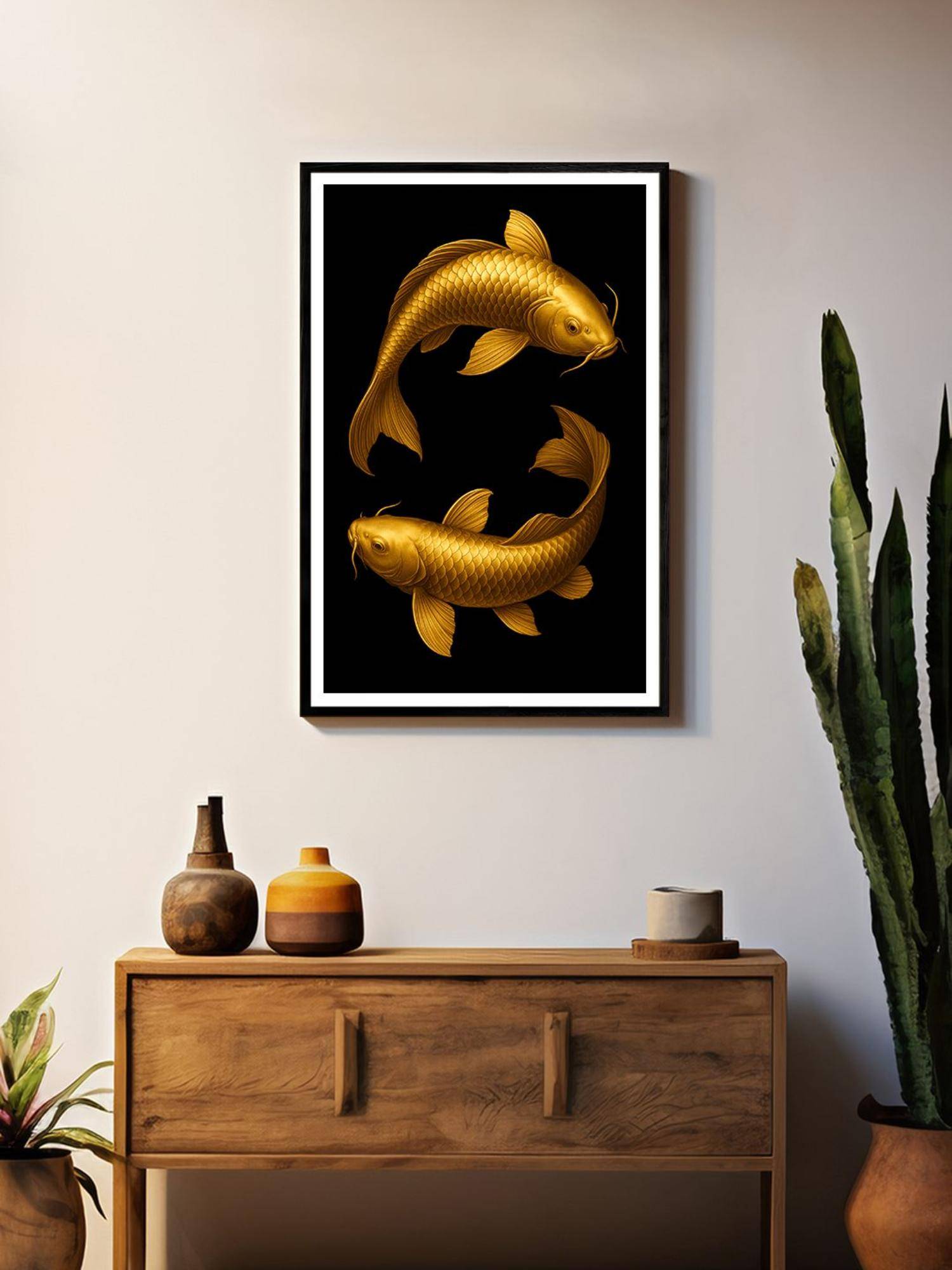 999Store Box Fiber Canvas Twin Golden Koi Fish Painting