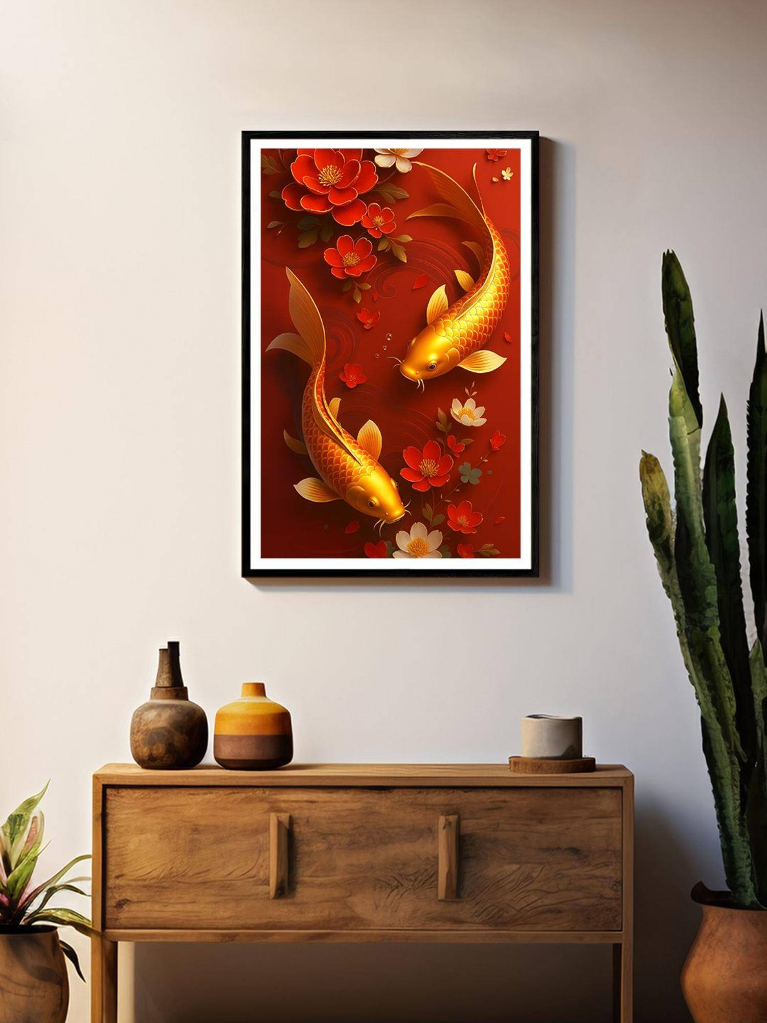 999Store Elegant Gold-Red Koi Fish with Floral Accents Canvas Painting
