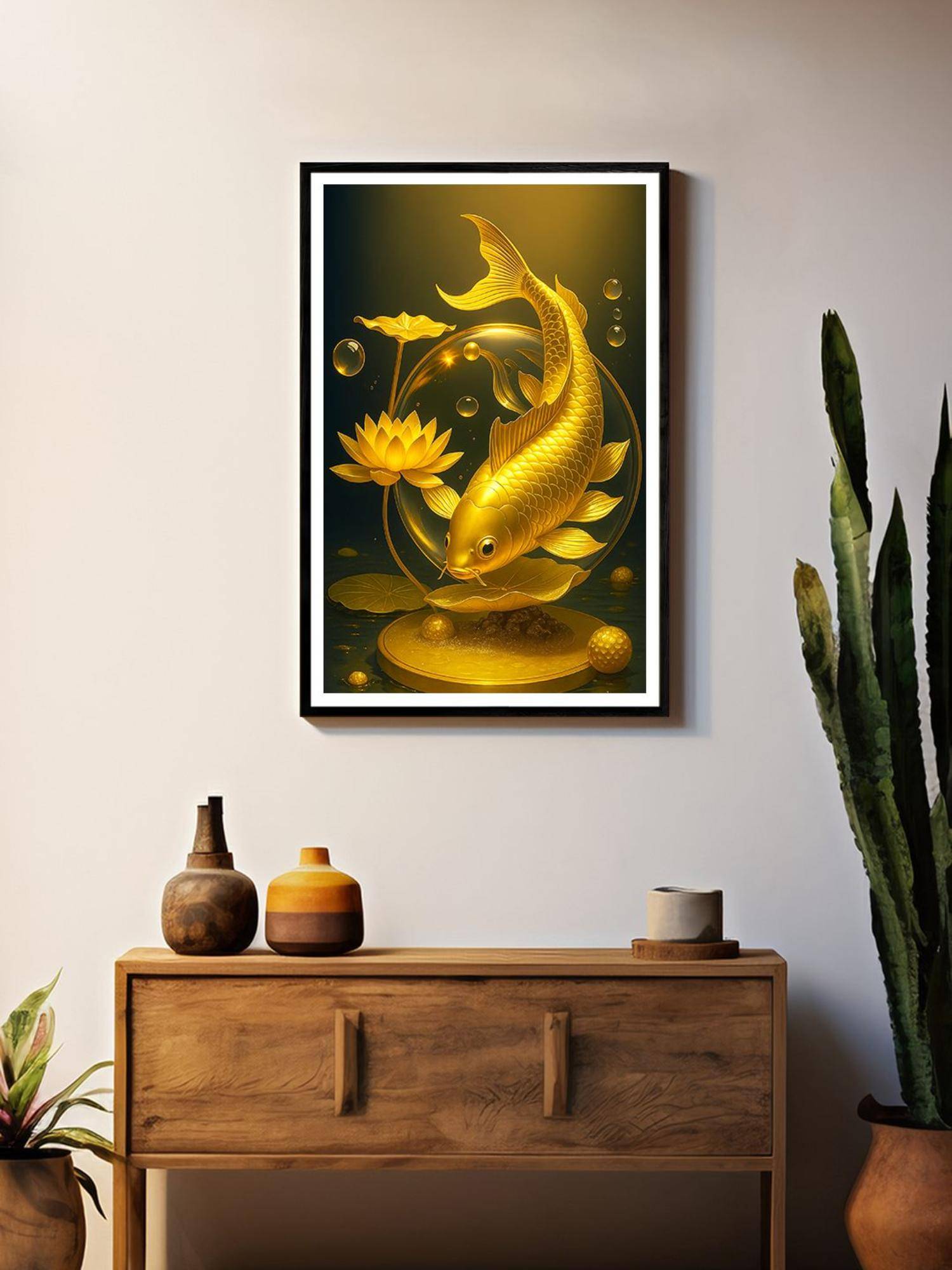999Store Box Fiber Canvas Painting Frame - Golden Koi with Lotus and Bubbles