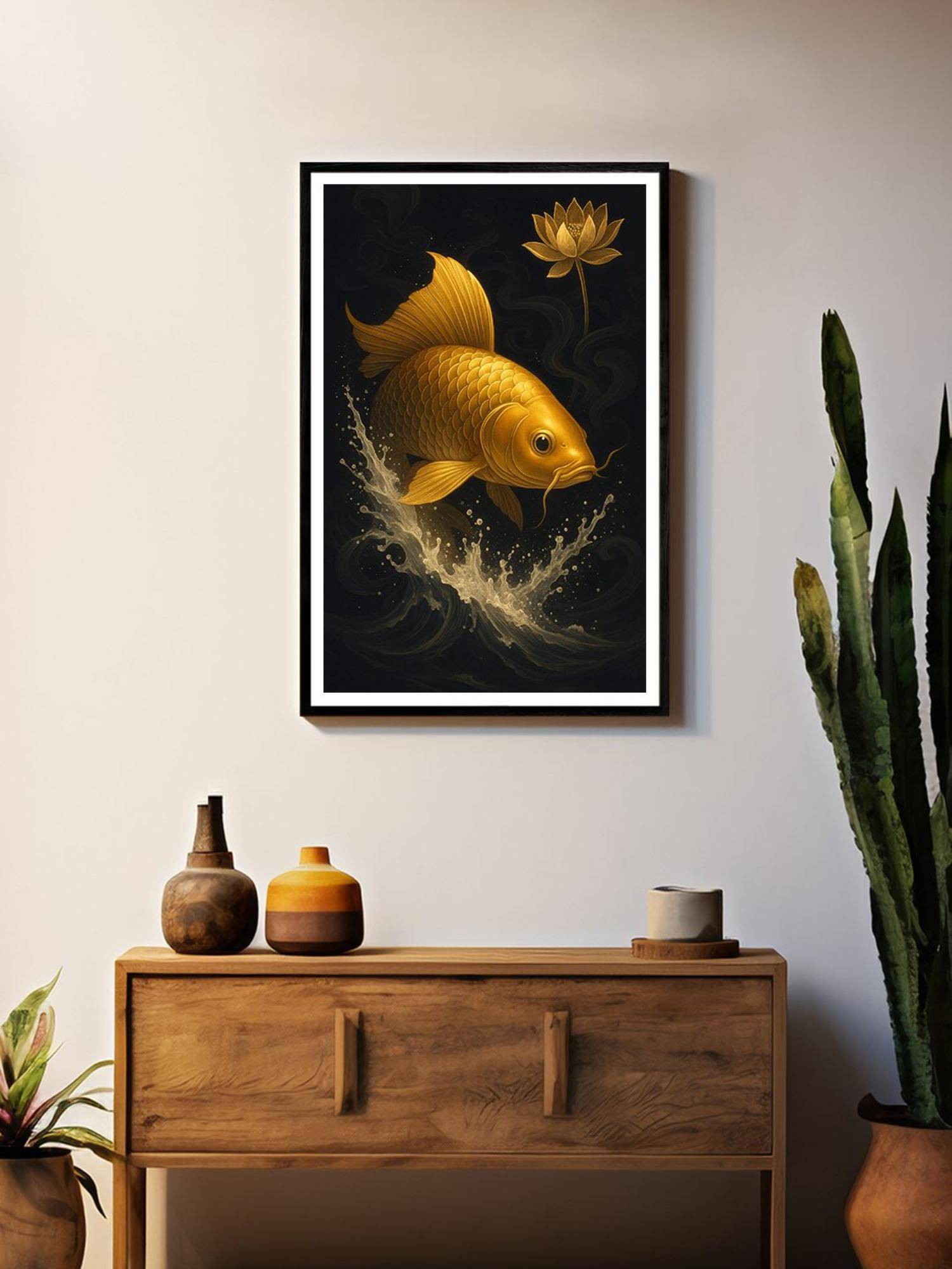 999Store Gold-Black Koi Fish with Lotus Flower Box Fiber Canvas Painting