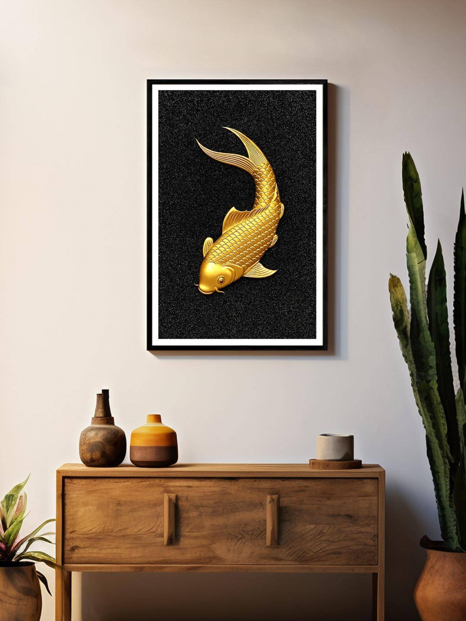 999Store Gold Koi Fish On Black Canvas Painting