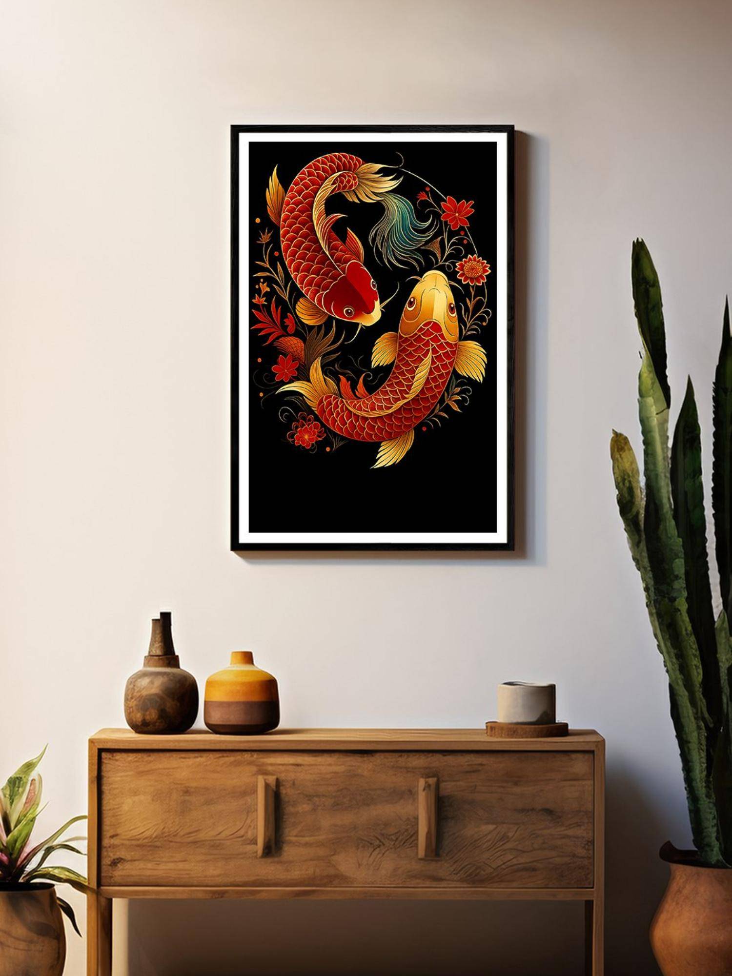 999Store Floral Red and Gold Koi Fish-Floral Canvas Painting