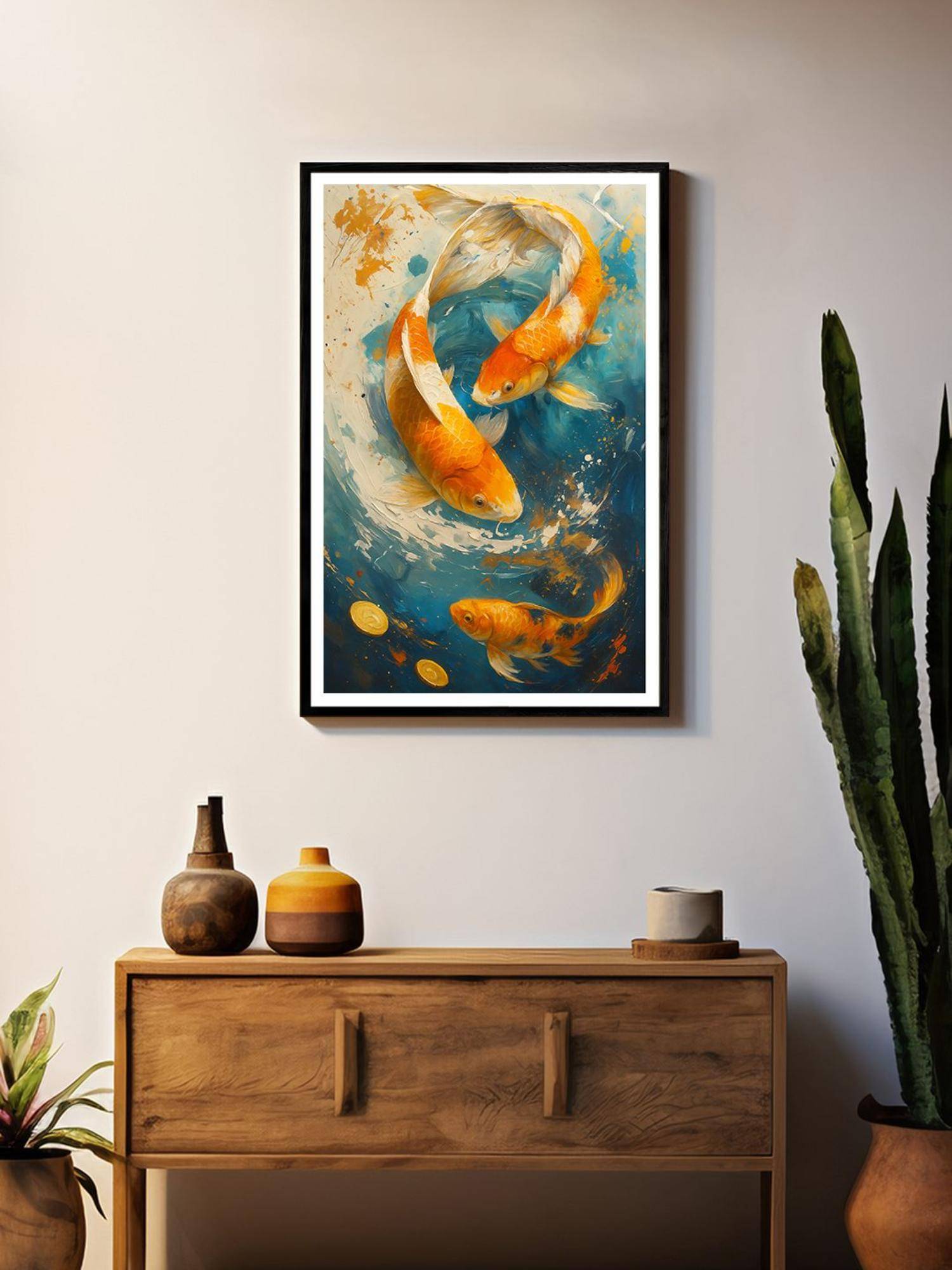999Store Multi-Color Trio Koi In Vortex with Gold Coins Painting