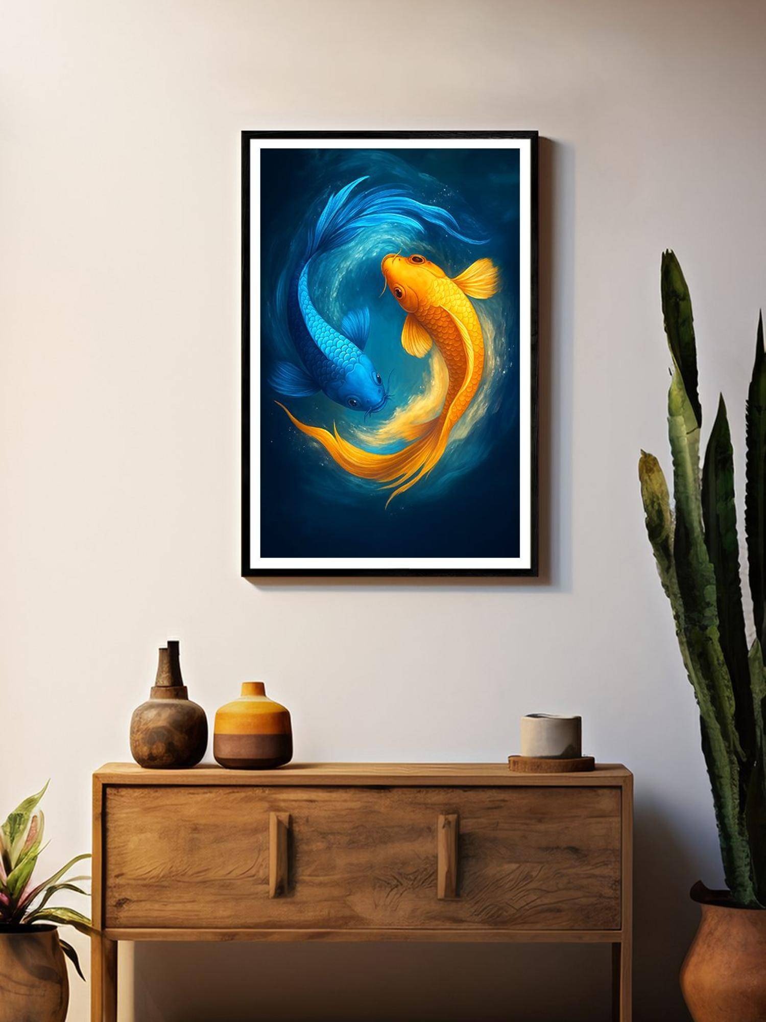 999Store Blue and Gold Yin Yang Koi In Ocean Swirl Painting