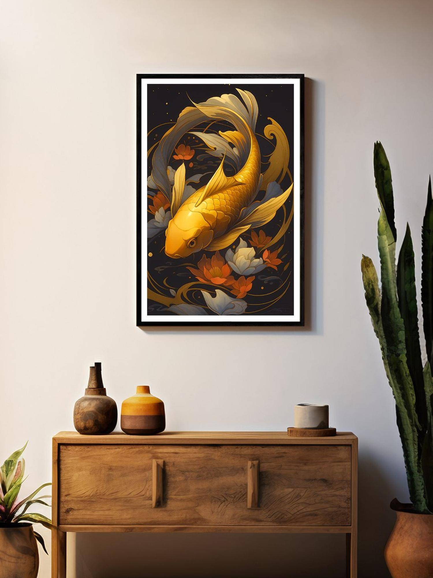 999Store Floral Golden Koi Fish Swimming Through Lotus Painting