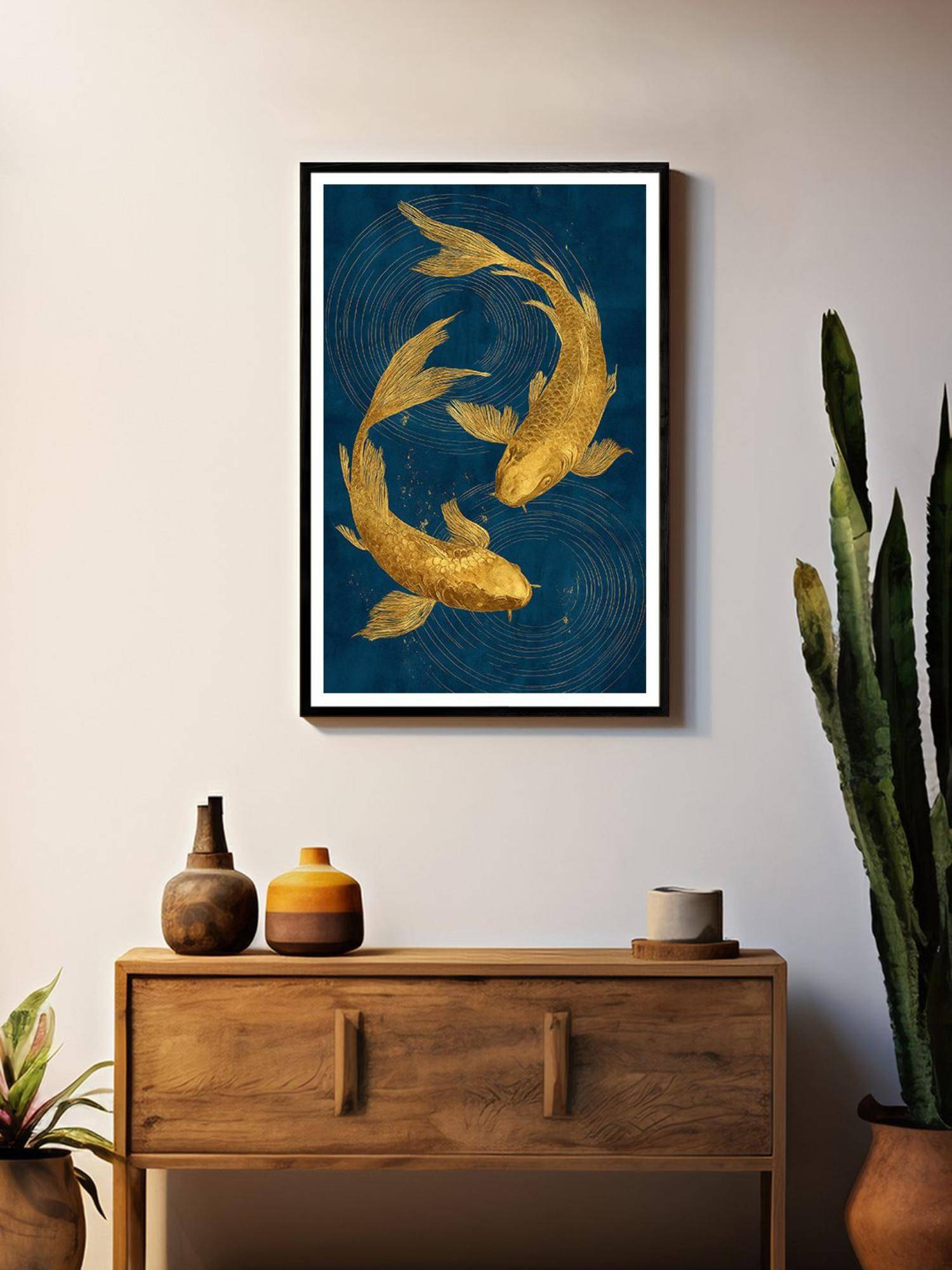 999Store Gold Textured Koi Fish Blue Canvas Swirls Painting