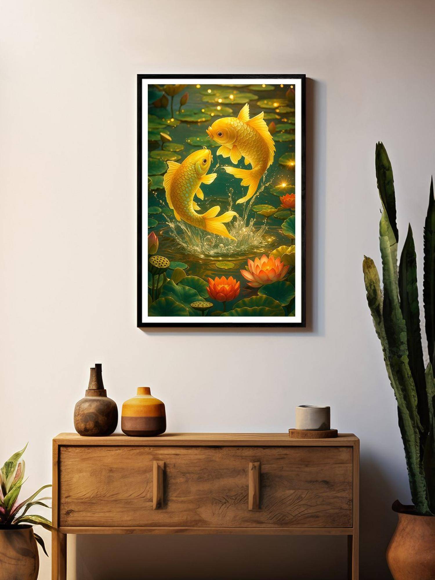 999Store Multi-Color Koi Jumping Lotus Floral Pond Painting