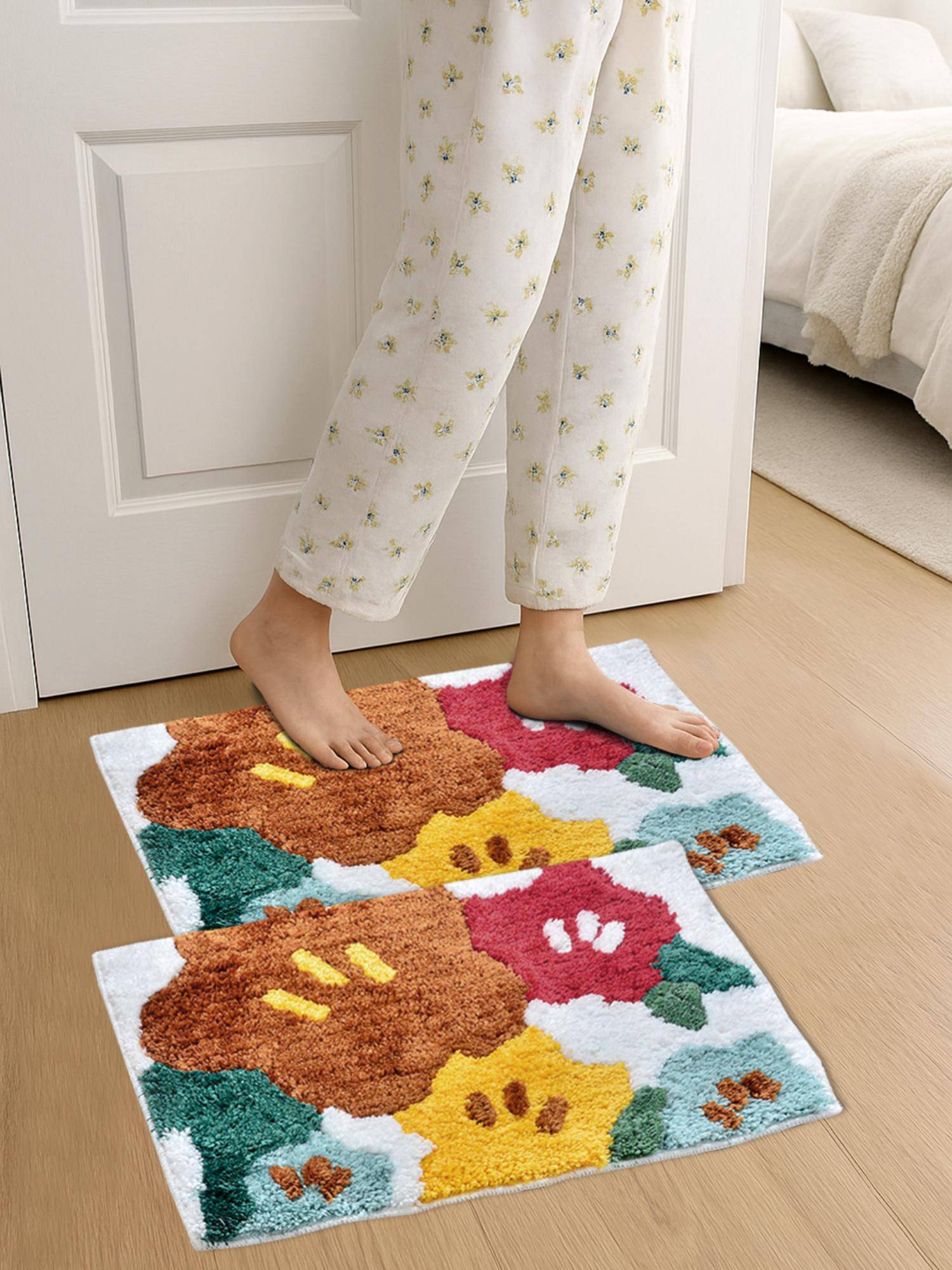 FABINALIV Multi-Color Quirky Cotton Blend Anti Skid Door Mats (Pack of 2)