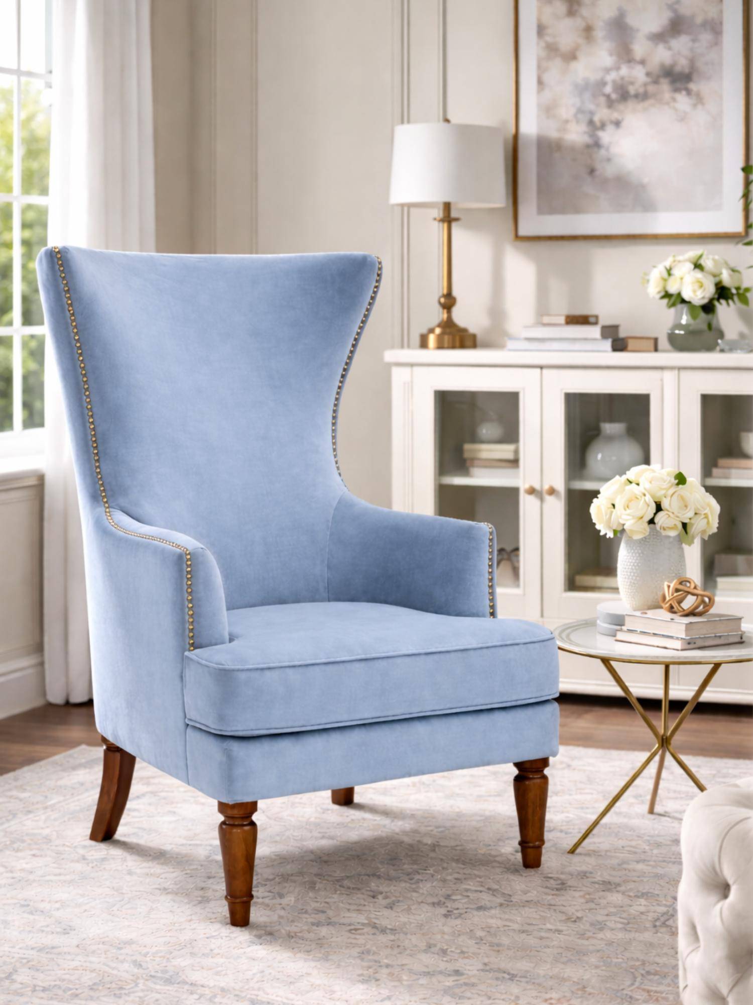 JABRIX Blue Elysian Velvet Wingback Accent Chair