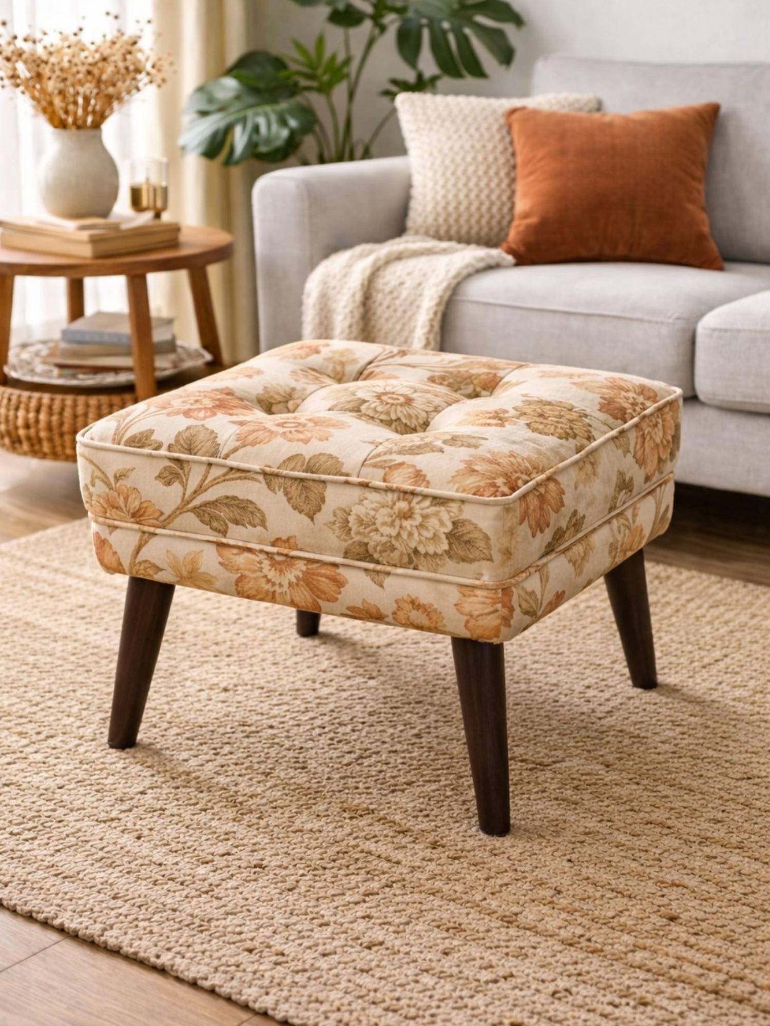 JABRIX Multi-Color Floral Upholstered Sagwan Wooden Legs Ottoman