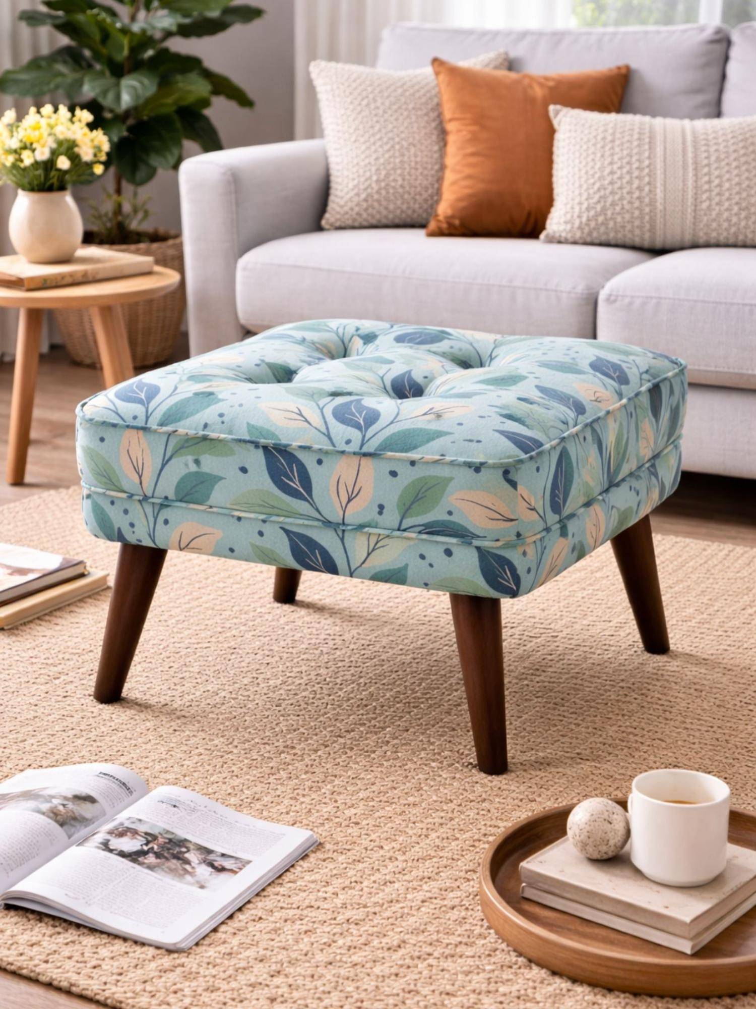 JABRIX Blue Floral Upholstered Sagwan Wooden Legs Ottoman