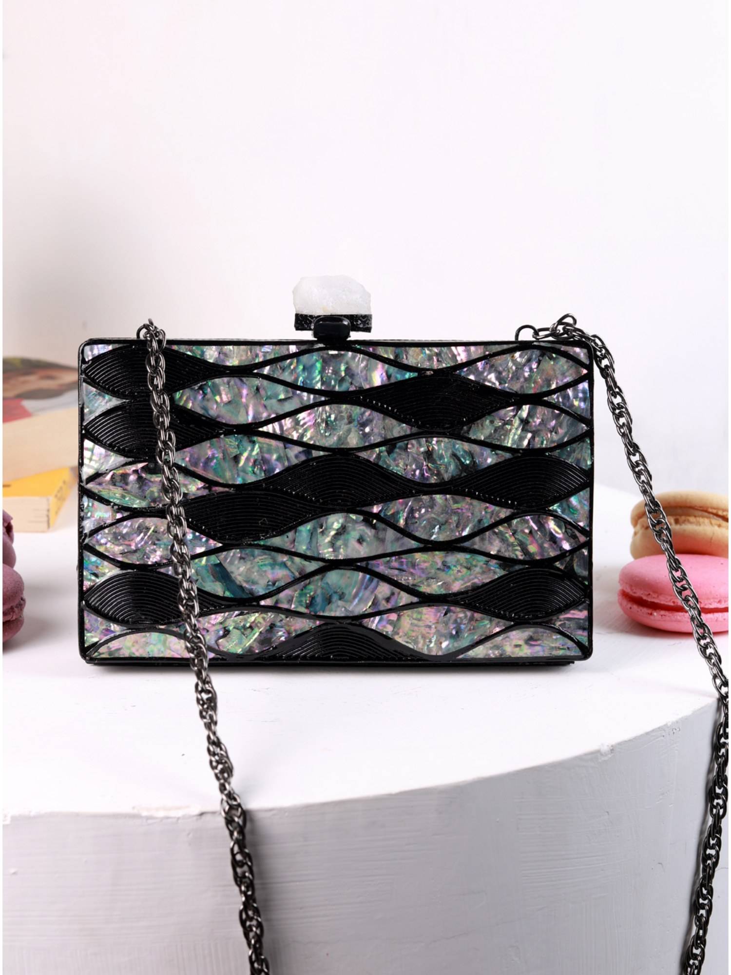 THE TAN CLAN Eve Brass Clutch With Detachable Black