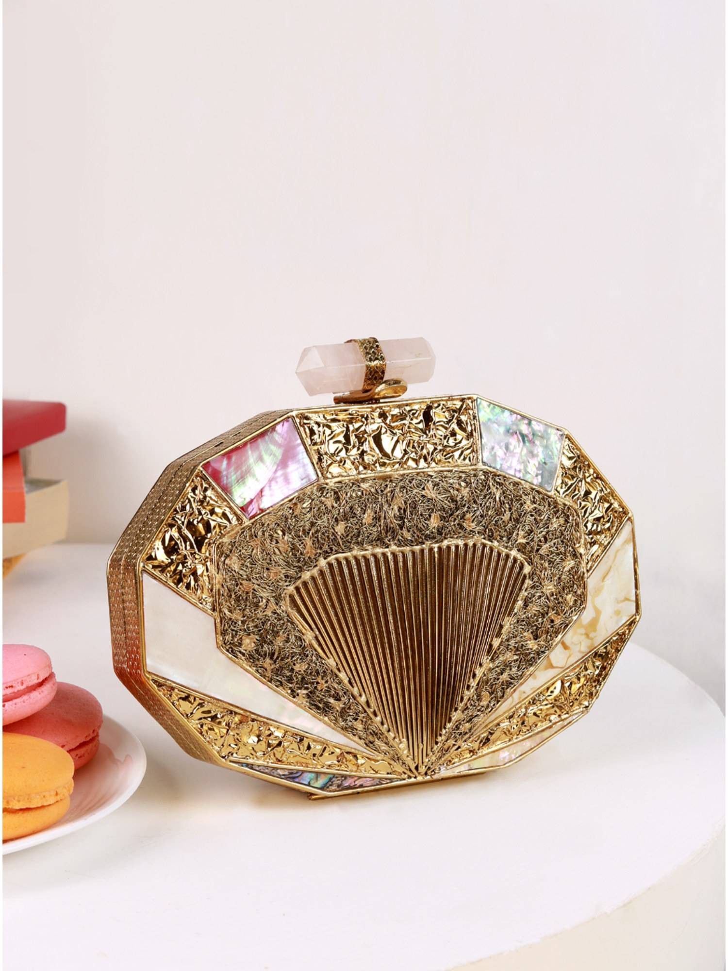 THE TAN CLAN Giana Brass Clutch With Detachable Gold