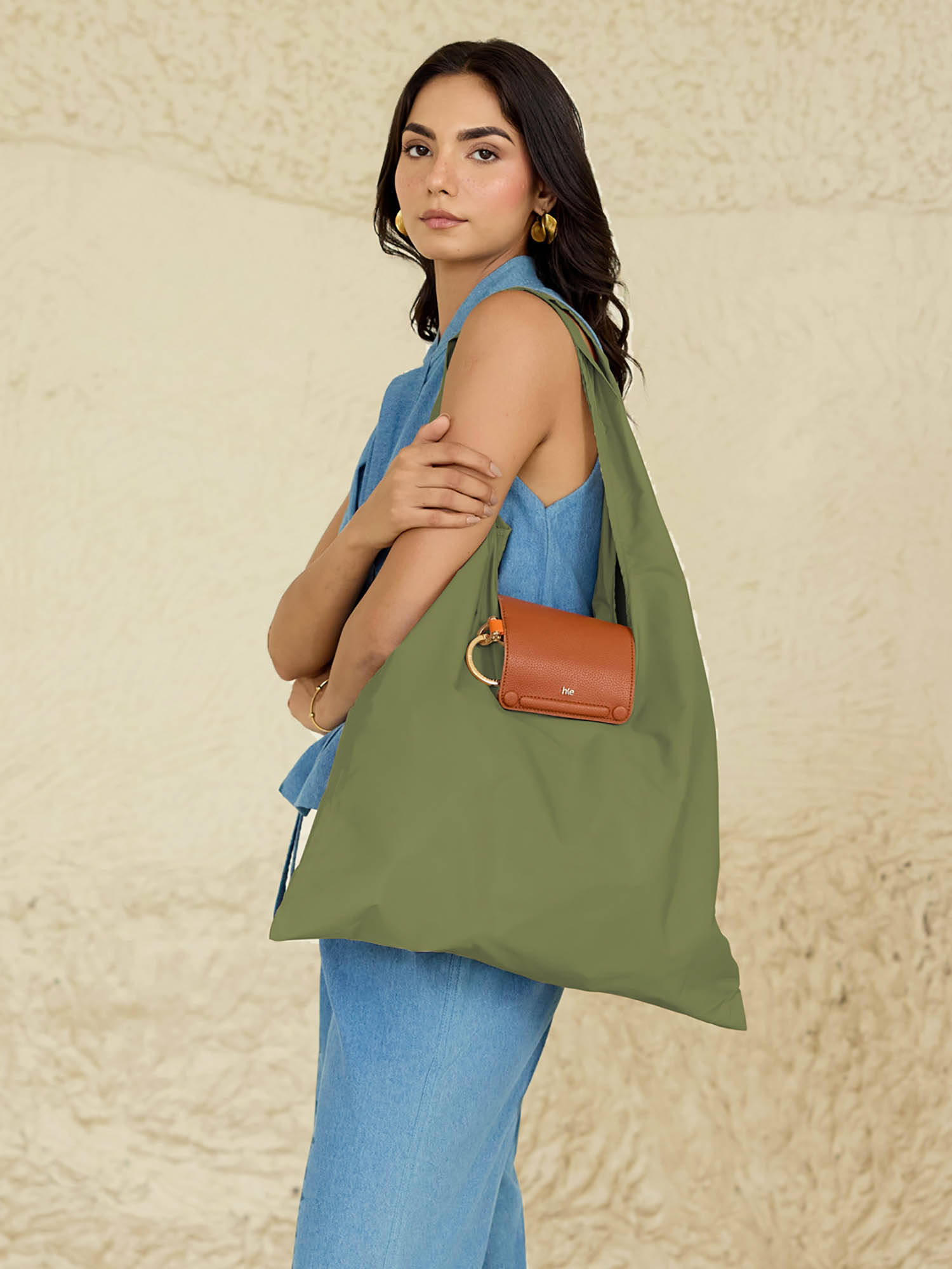 HIE Women Olive Green Synthetic Solid Foldable Tote Bag