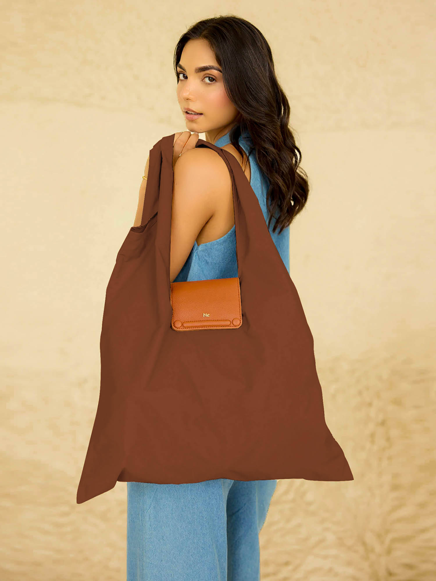 HIE Women Vintage Brown Synthetic Solid Foldable Tote Bag with Key Chain