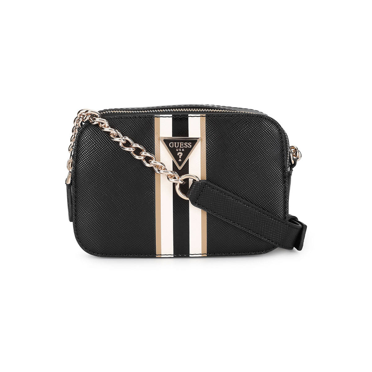 Guess Women Black Textured Sling Bag with Detachable Strap