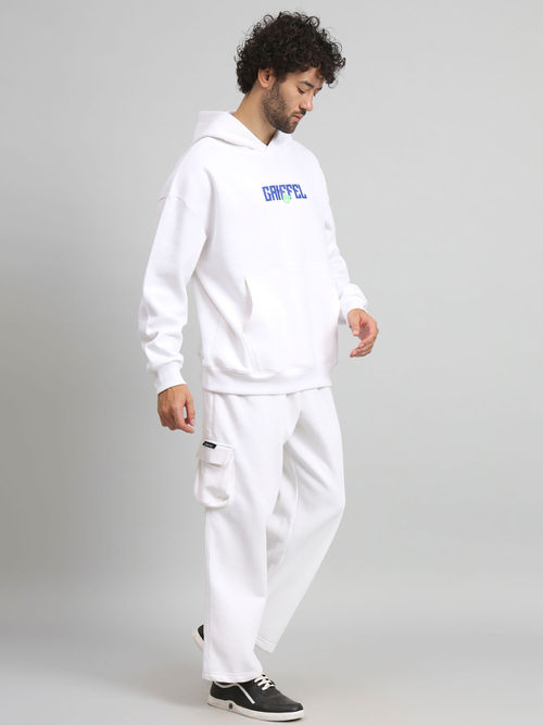 Griffel Men Oversized Fit New Era Print Front Logo Cotton White Fleece  Tracksuit (Set of 2)