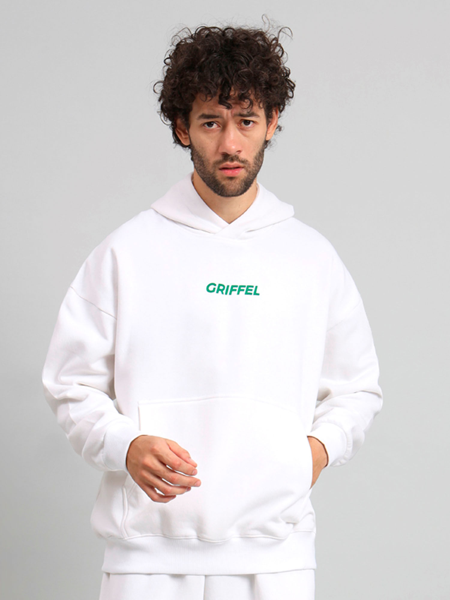 Buy Griffel Mens White Front Logo Oversized Fleece Hoodie Sweatshirt Online