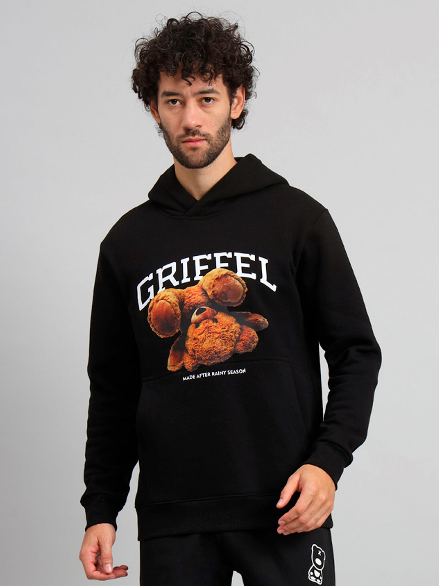 Griffel Mens Black Bear Print Regular Fit 100 Cotton Fleece Hoodie Sweatshirt