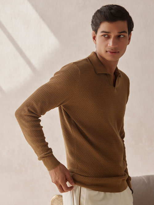 Buy Andamen Structure Brown Mens Full Sleeve Polo Sweater Regular