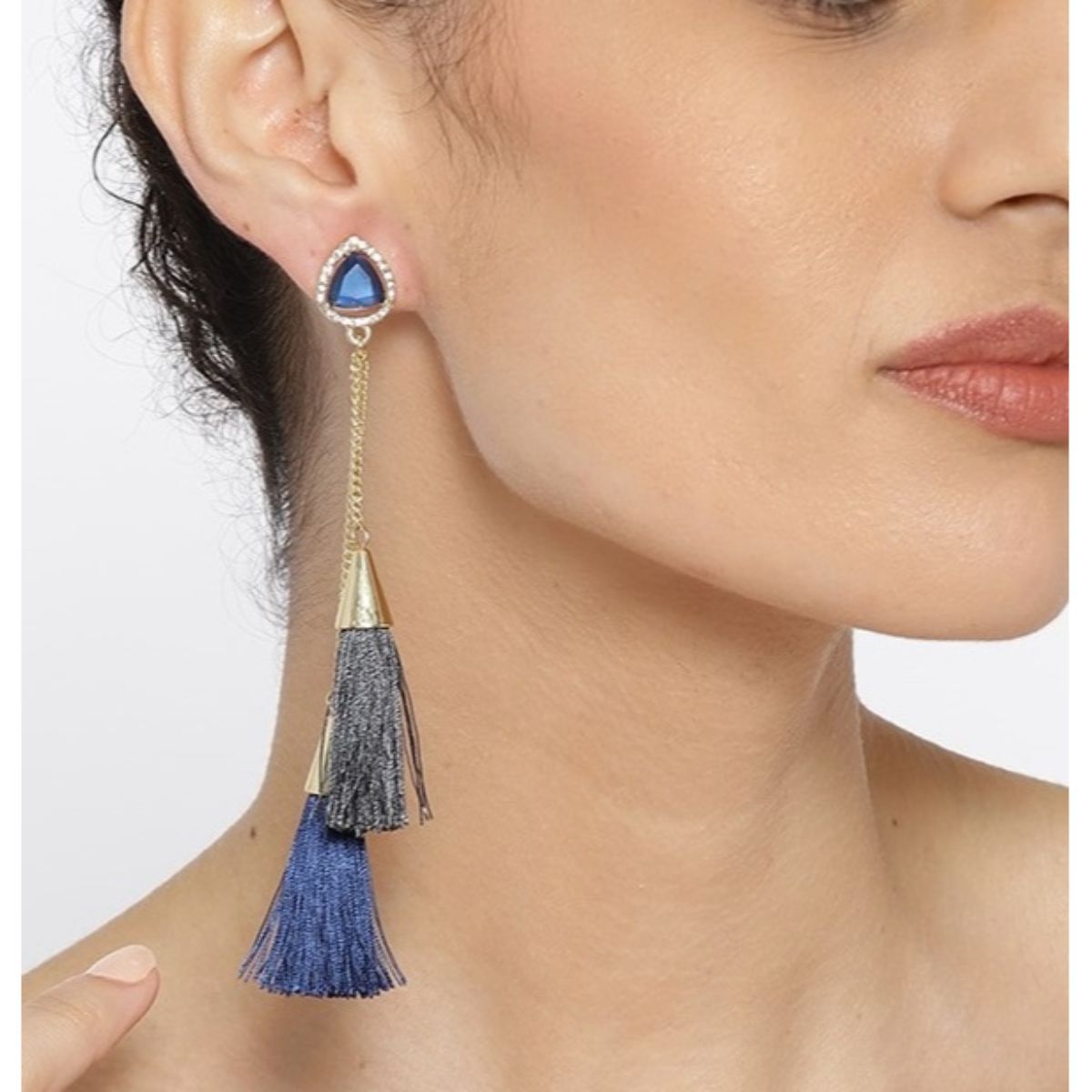 OOMPH Jewellery Blue Tassel With Crystal Top Statement Drop Earrings In  Gold Tone For Women Girls
