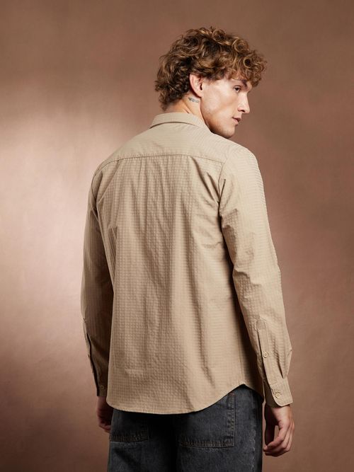Buy Campus Sutra Men Sand Beige Grid Utility Shirt Online