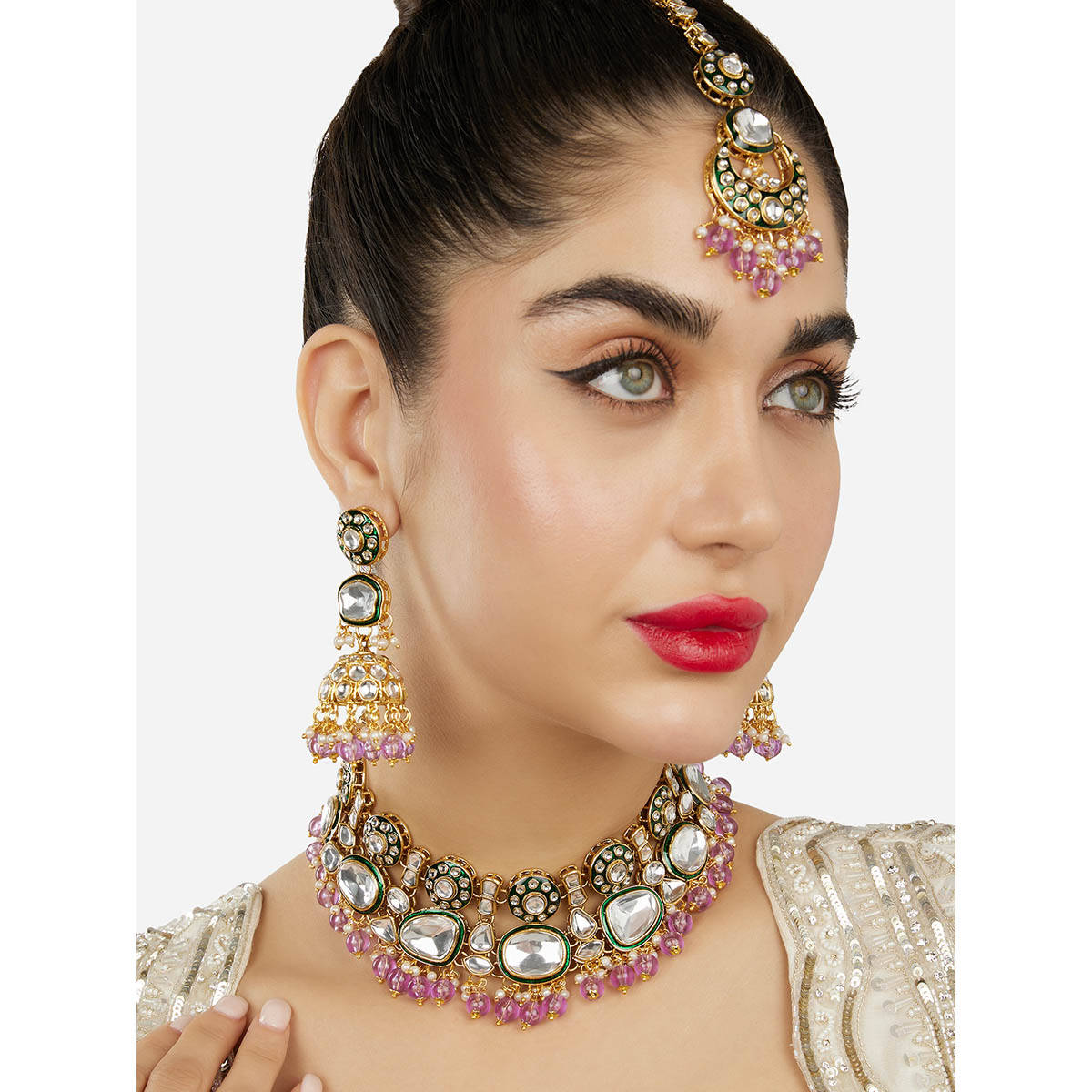 Zaveri Pearls Purple Beads Green Meenakari Necklace Earring Maangtikka Set