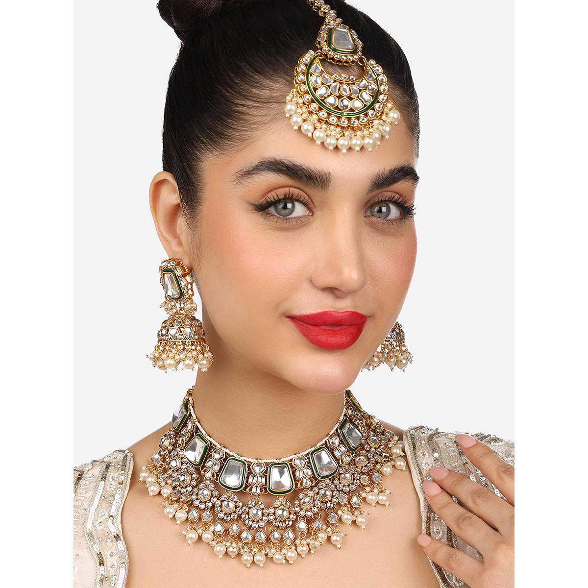 Zaveri Pearls Green Meenakari Kundan Choker Necklace Earring Maangtikka Set