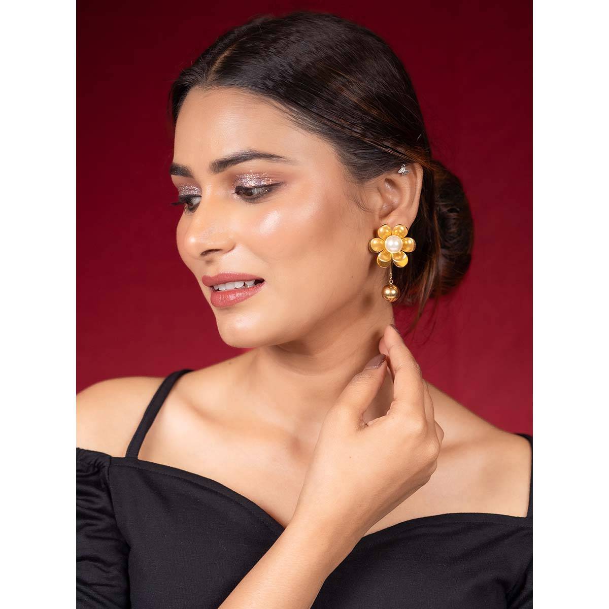 Niscka Anti-Tarnish Floral Drop Earrings with Pearl Accent