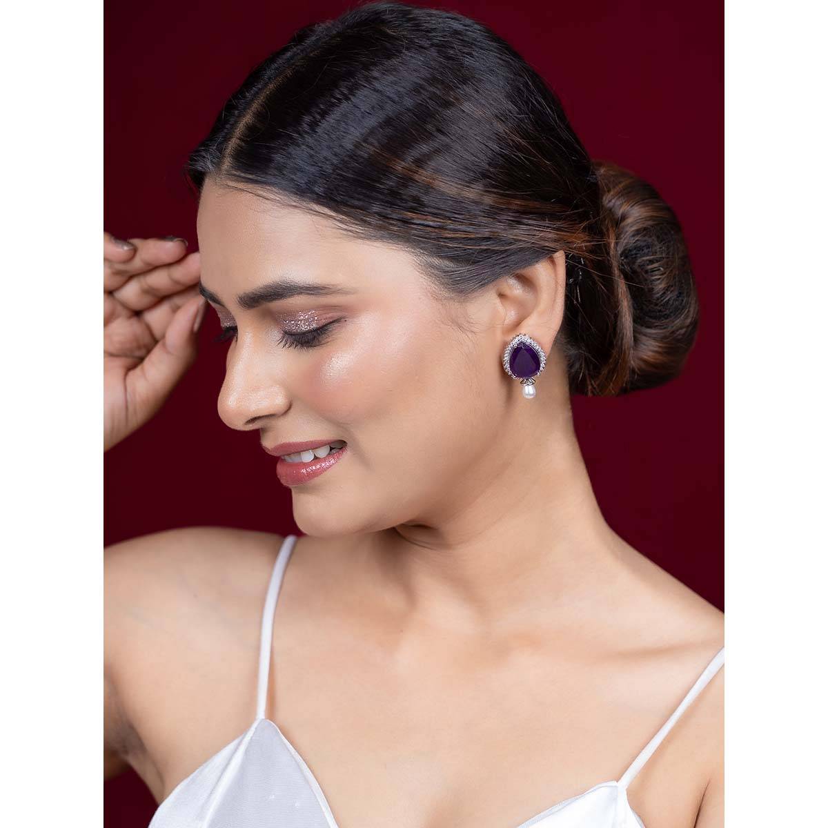 Niscka American Diamond Zircon and Purple Pearl Stud Earrings