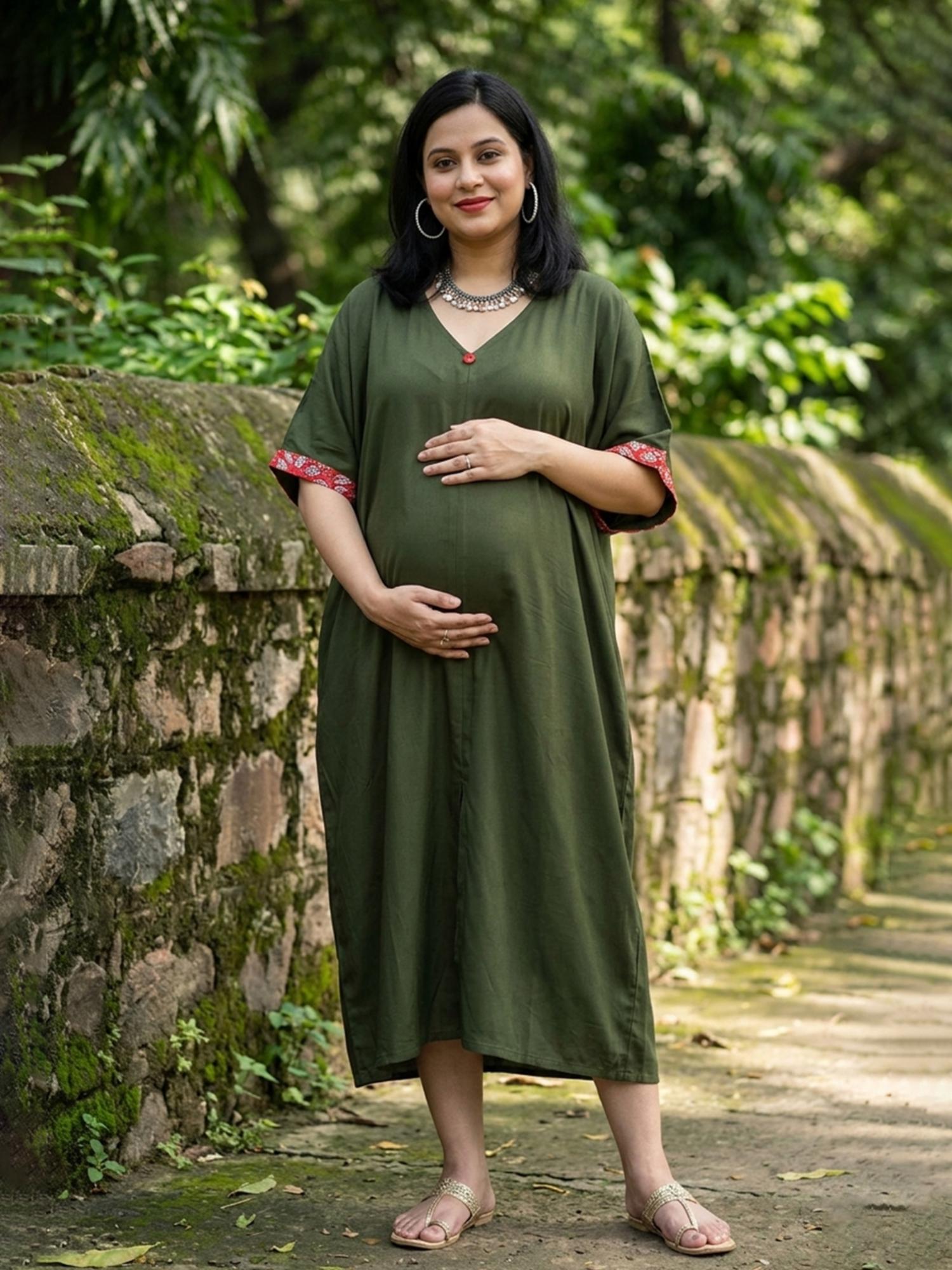 Buy Qurvii Olive Green Loose Fit Dress with Front Slit Online