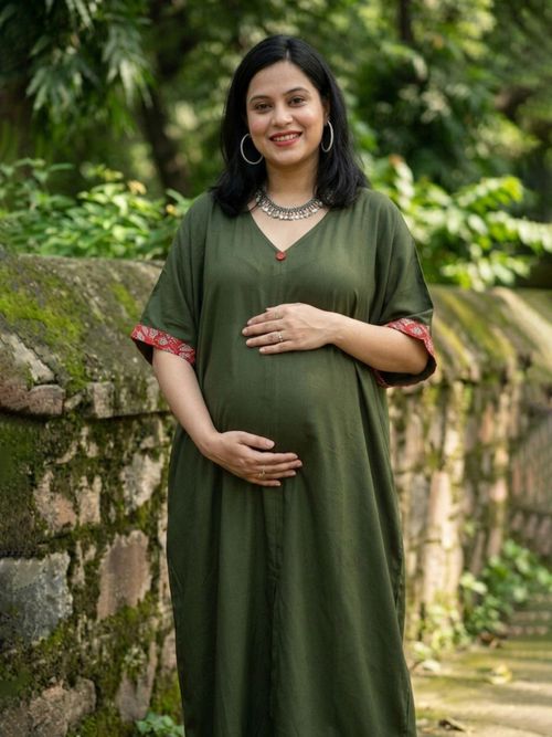 Buy Qurvii Olive Green Loose Fit Dress with Front Slit Online