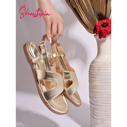Buy Shoetopia Classy Cross Strap Golden Flat Sandals Online