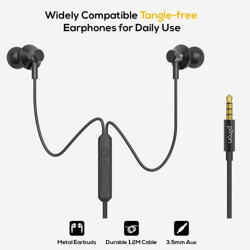 pTron Pride Lite In-Ear Wired Headphones with Mic Tangle-Free Cable  Aux Black