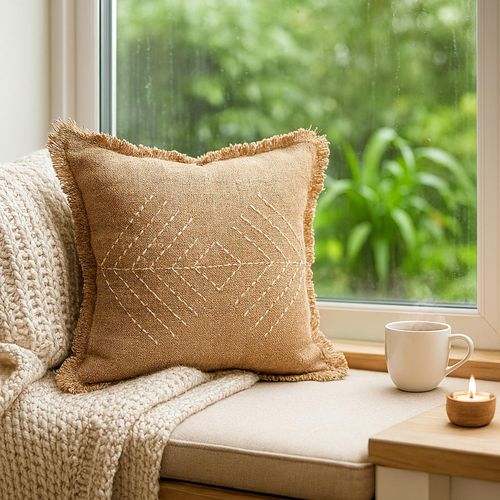 Buy THROW PILLOW Earthy Elegance Jute with Embroidery Fringe