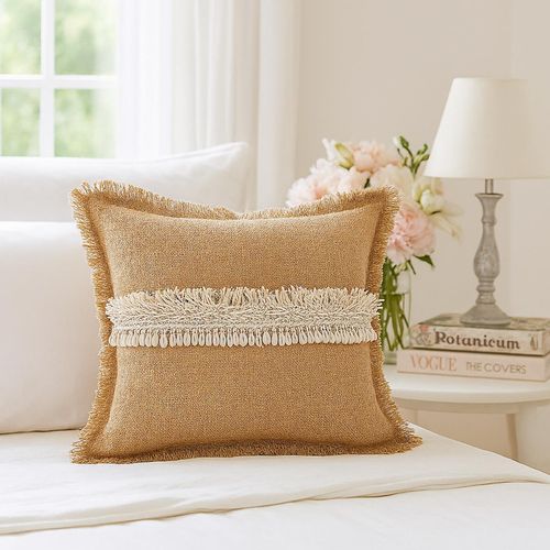 THROW PILLOW Seaside Spirit Jute with Cowrie Shell Lace Fringe Trim  Cushion Cover (12x12 inches)