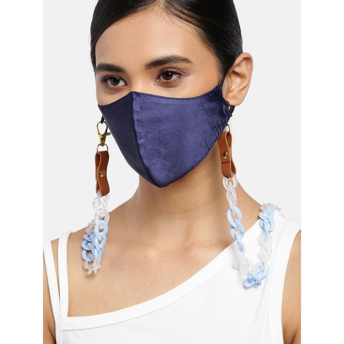 Blueberry Blue Reusable 2-Ply Satin Face Mask With Blue Double Tone Chain