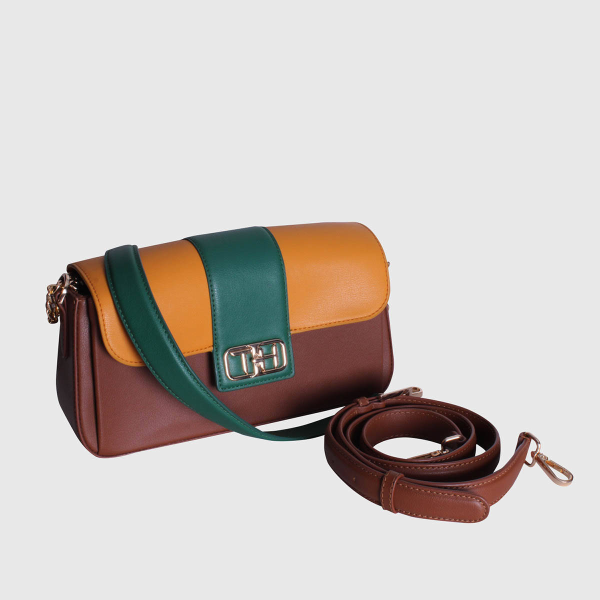 THE HOLISTIK Brown Colorblock Leather Sling Bag with Detachable Strap and Chain Strap