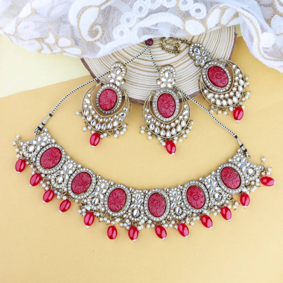 I Jewels Red Gold Plated Traditional Red Pearl Kundan and Stone Necklace Jewellery Set