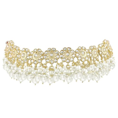 I Jewels Kundan & White Pearl Choker Necklace Set For Women - Includes Earrings & Maang Tikka
