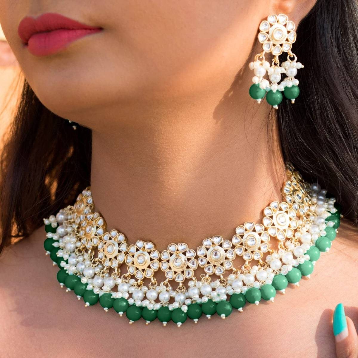 I Jewels Green Gold Plated Traditional Kundan and Pearl Choker Necklace Set