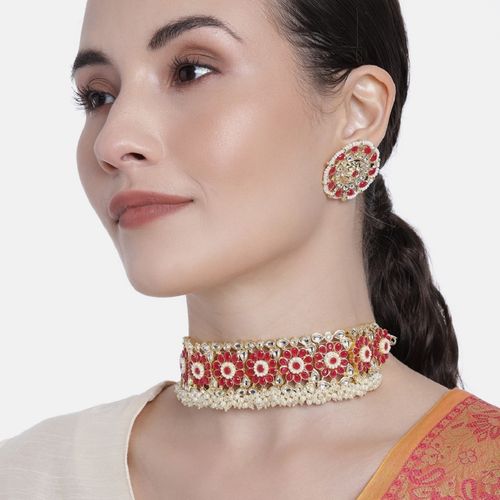 Buy I Jewels Red Gold Plated Traditional Ruby Kundan and Pearl