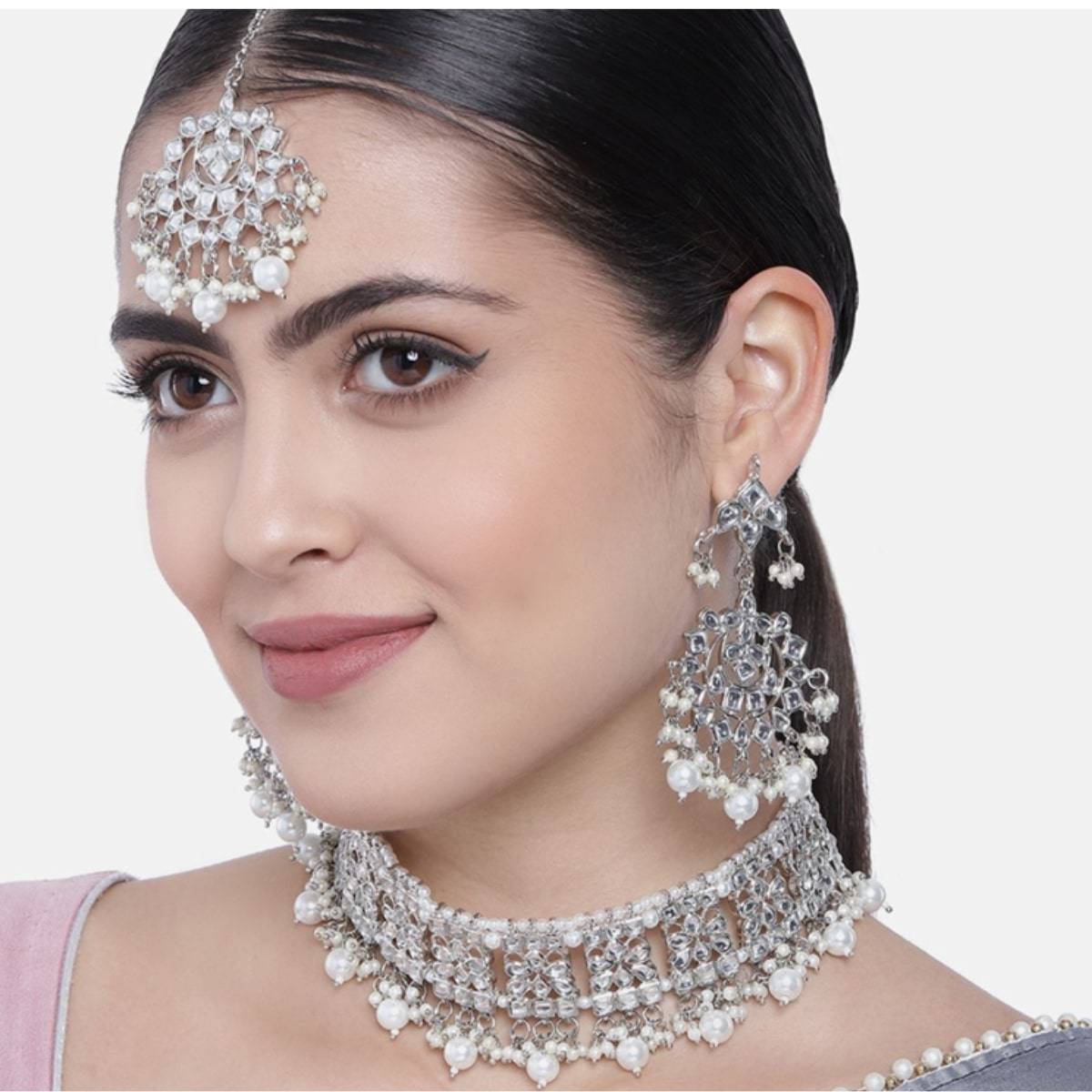 I Jewels Silver Rhodium Plated Traditional Kundan and Pearl Choker Necklace Jewellery Set